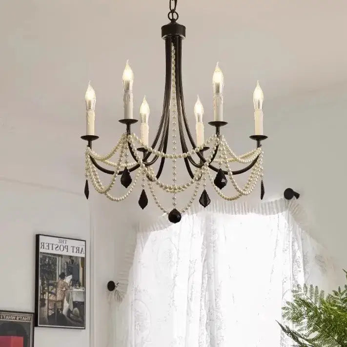 Decorbites black metal led candle pearl chandelier dining room light