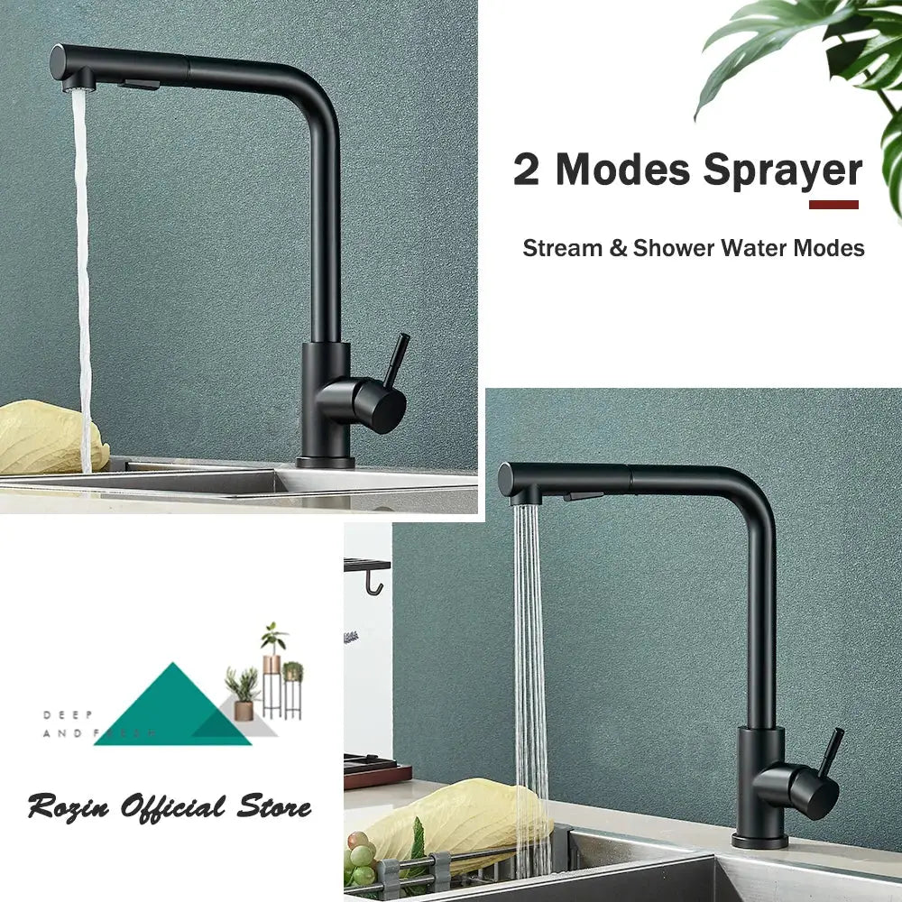 DecorBites™ Black Pull Out Kitchen Faucet 360° Rotation 2 Ways Nozzle Hot Cold Mixer Tap