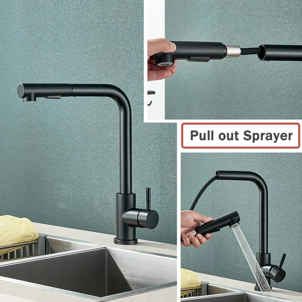 DecorBites™ Black Pull Out Kitchen Faucet 360° Rotation 2 Ways Nozzle Hot Cold Mixer Tap