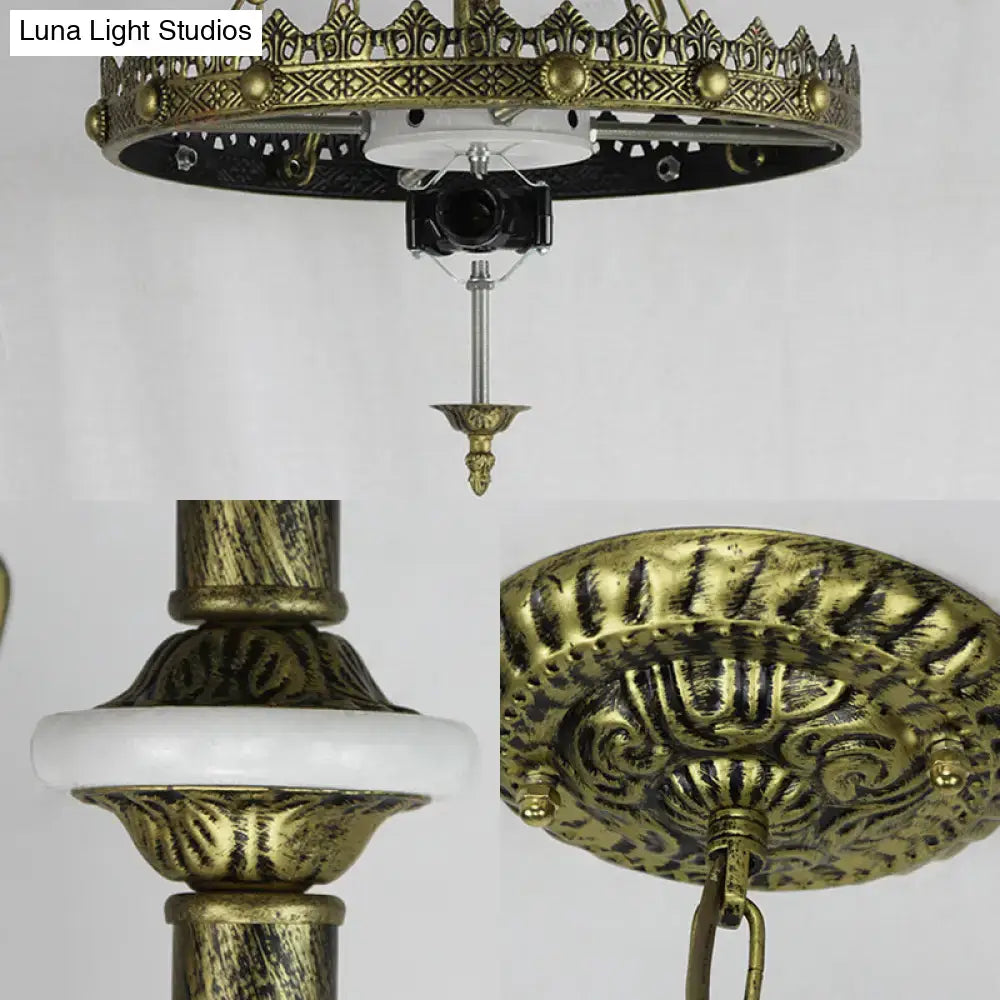 Antique brass blue & white stained glass baroque bowl pendant light library