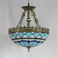Antique brass blue & white stained glass baroque bowl pendant light library