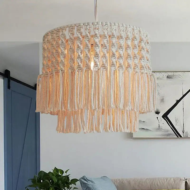 Bohemia cotton rope chandelier cream macrame dining room pendant light