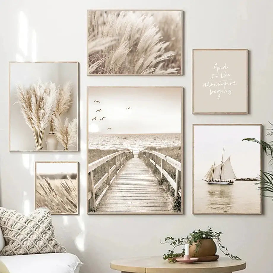 Bohemian beach landscape pampas grass wall art for bedroom