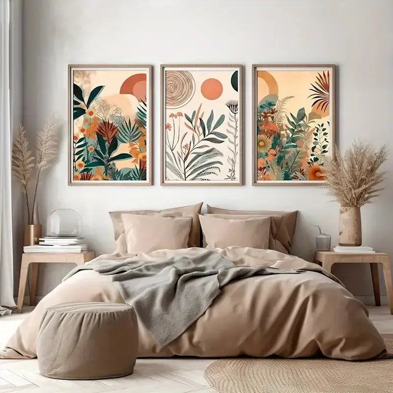 Boho floral orange & green canvas art set bedroom wall decor