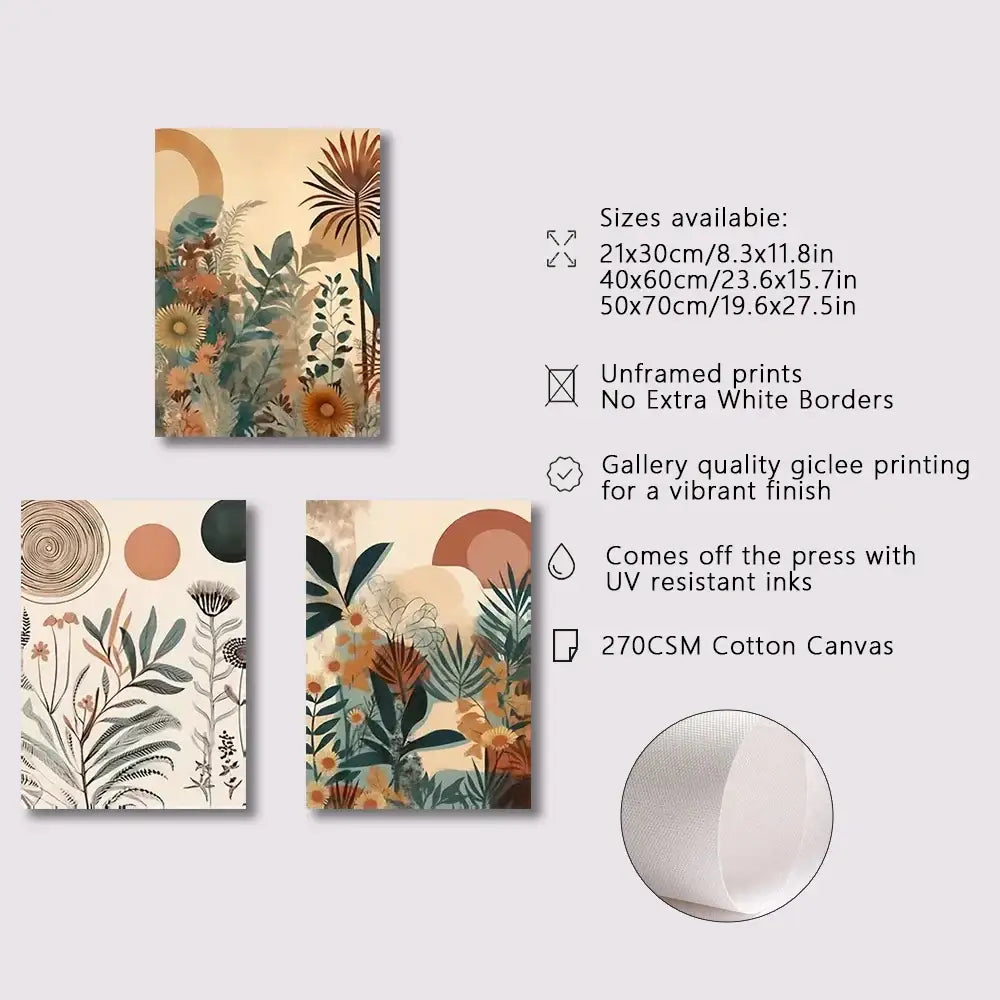 Boho floral orange & green canvas art set bedroom wall decor