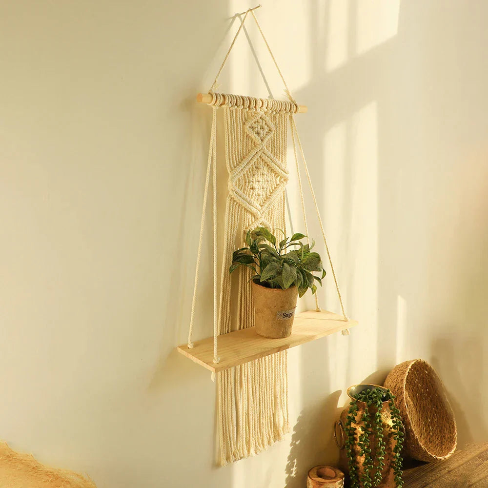 Boho beige macrame wood hanging shelf bedroom wall decor