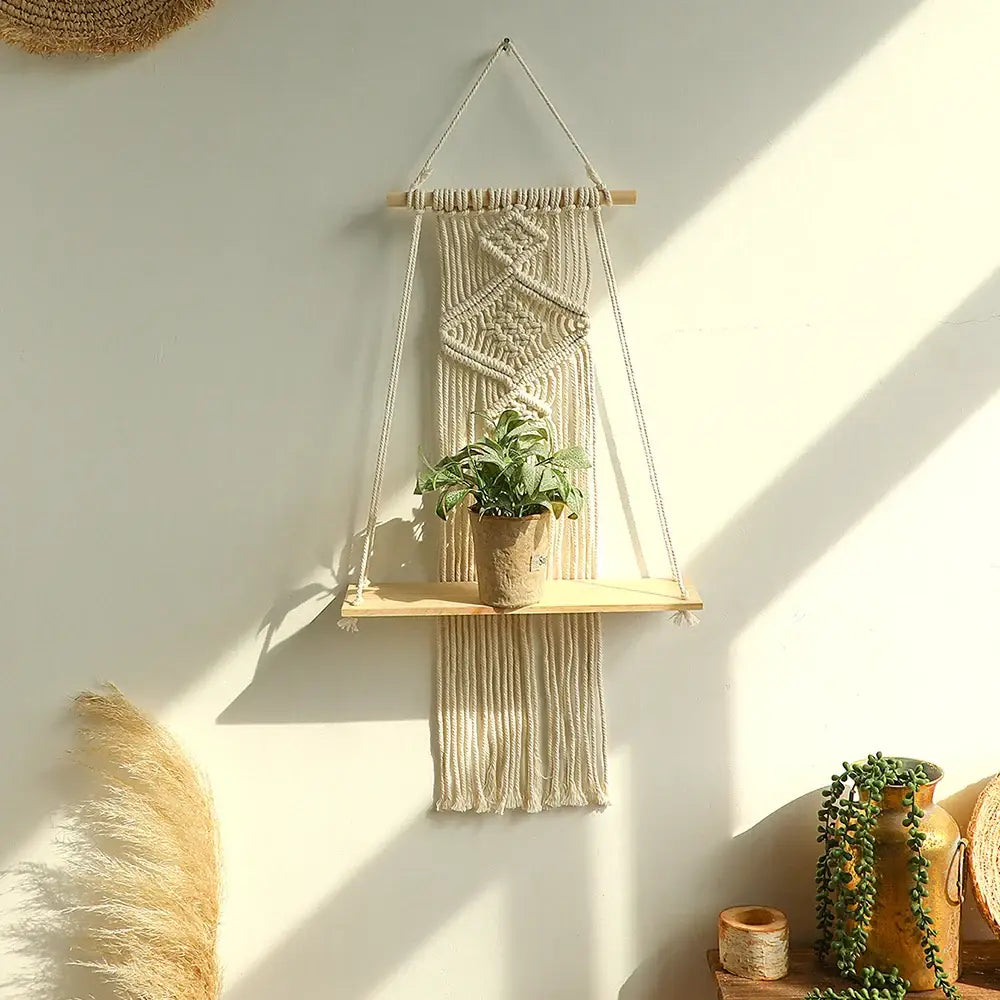 Boho beige macrame wood hanging shelf bedroom wall decor