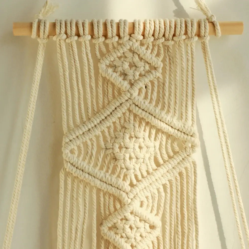 Boho beige macrame wood hanging shelf bedroom wall decor