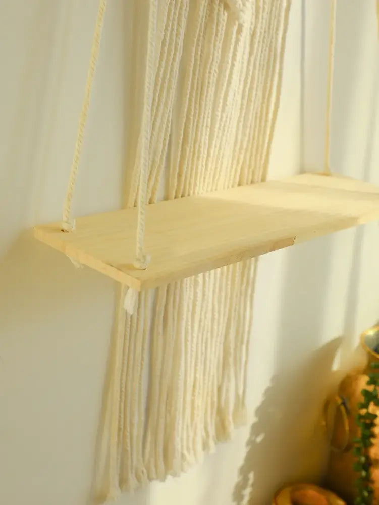 Boho beige macrame wood hanging shelf bedroom wall decor