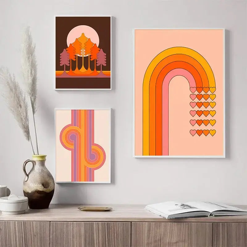 Retro stripes art boho sunset prints living room art prints