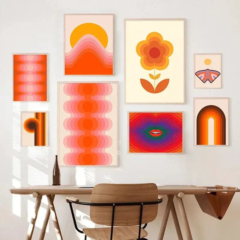 Retro orange & brown sunset art prints living room wall decor