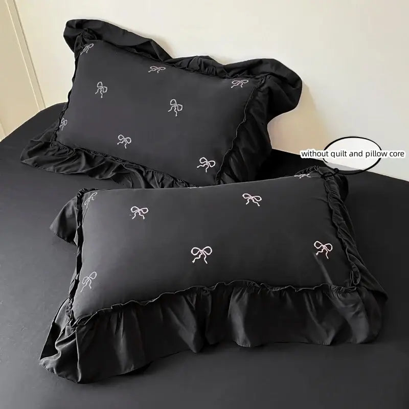 White & black bow embroidery bedding set bedroom ruffled linens