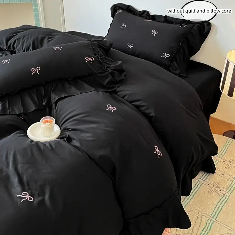 White & black bow embroidery bedding set bedroom ruffled linens