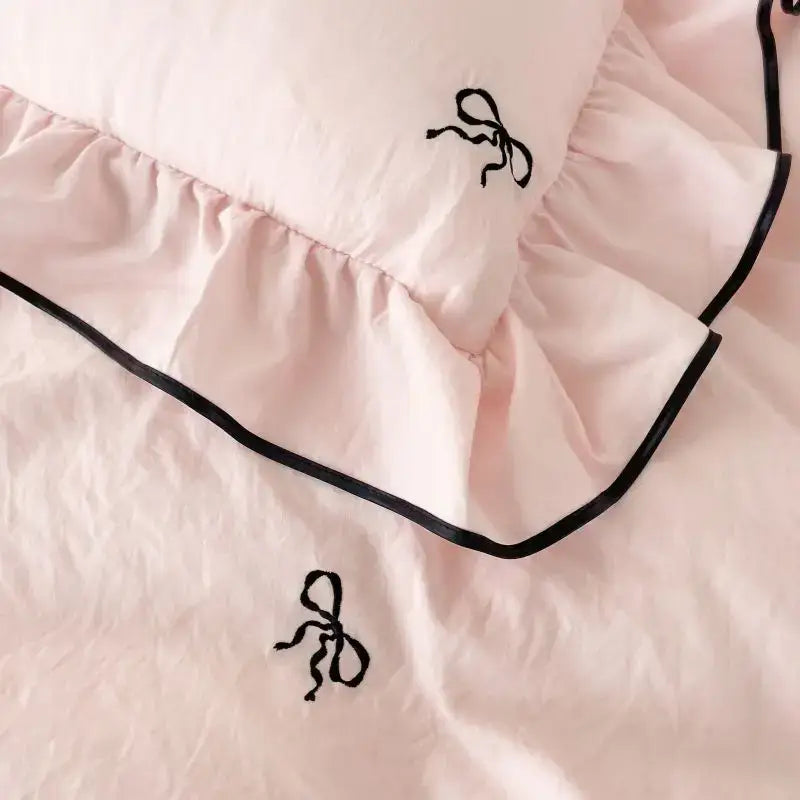 White & black bow embroidery bedding set bedroom ruffled linens