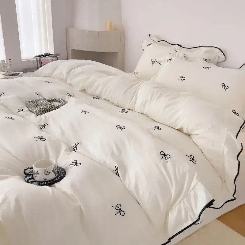 White & black bow embroidery bedding set bedroom ruffled linens