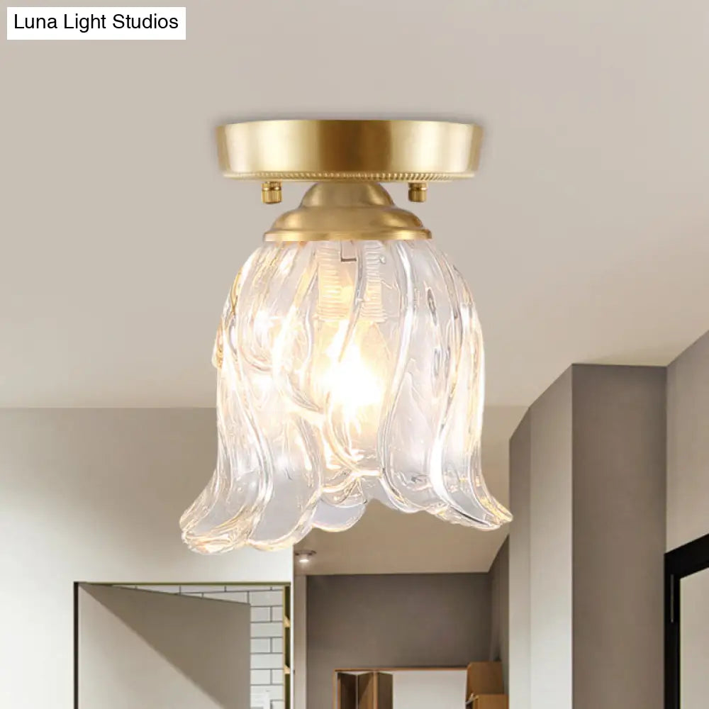 DecorBites™ Brass 1-Light Semi Flush Mount with Clear Ripple/Fluted Glass Cone/Flower Design for Living Room Ceiling