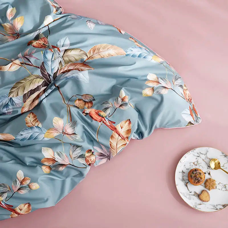 Teal & brown tropical egyptian cotton duvet cover bedroom set