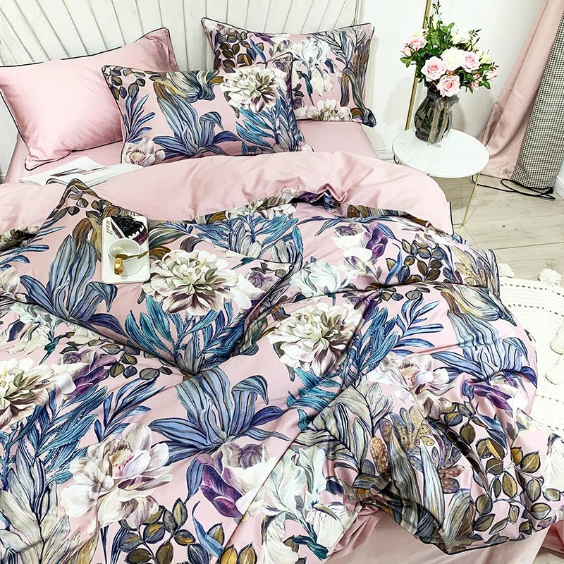 Teal & brown tropical egyptian cotton duvet cover bedroom set
