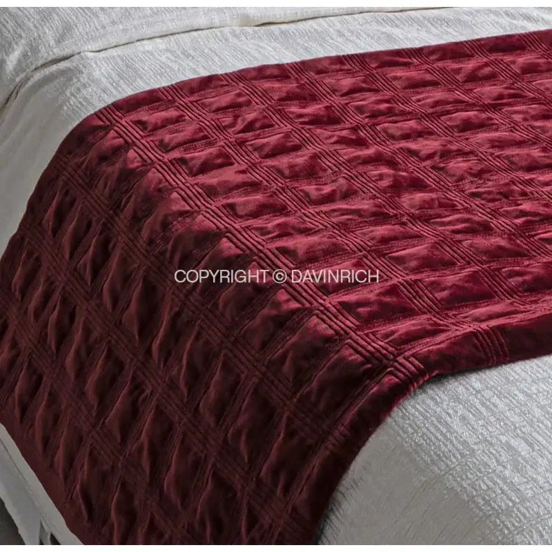 Decorbites burgundy velvet geometric embroidered bed runner bedroom