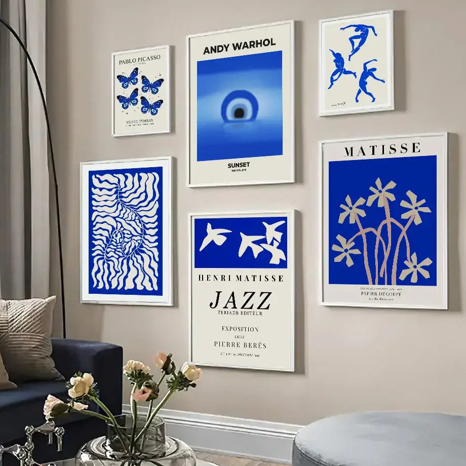 Blue and white butterfly botanical canvas art set of 6 living room