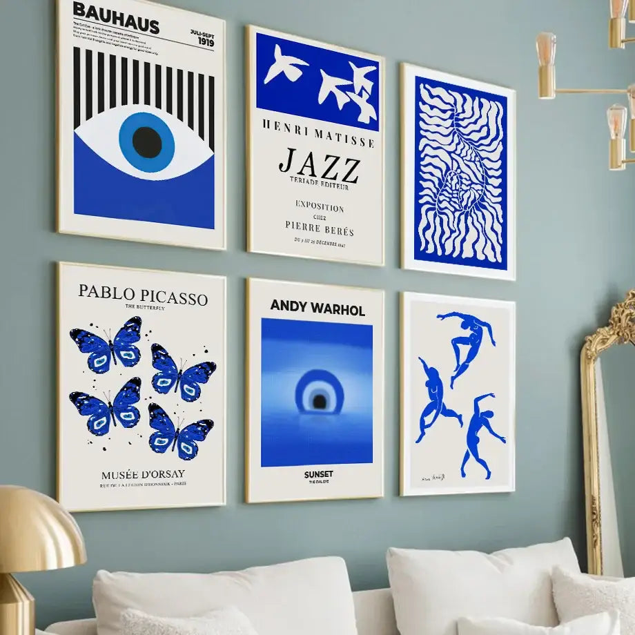 Blue and white butterfly botanical canvas art set of 6 living room