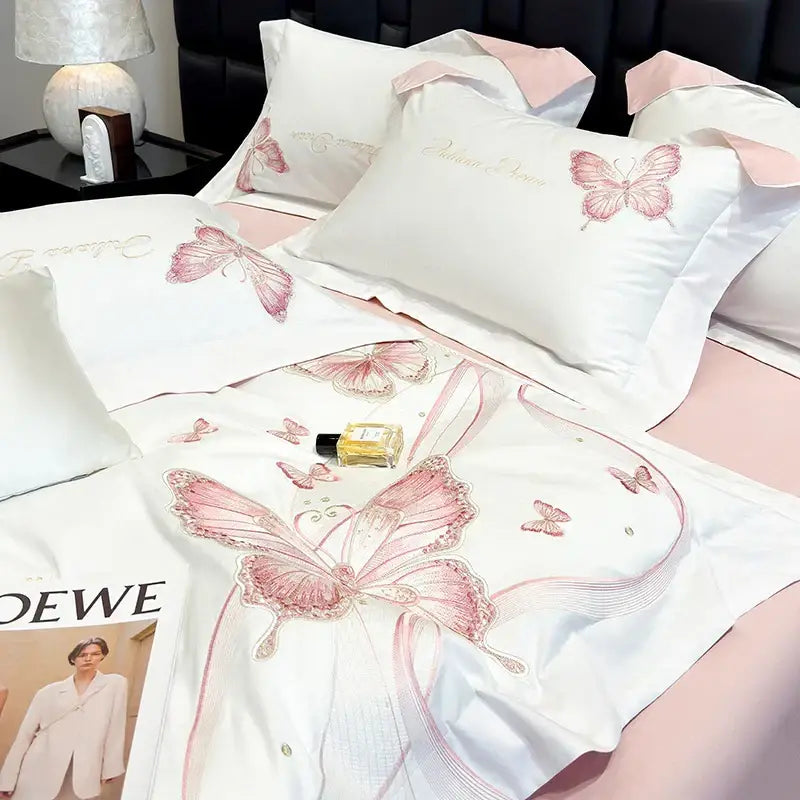 Decorbites butterfly embroidery white & pink bedding set bedroom luxury