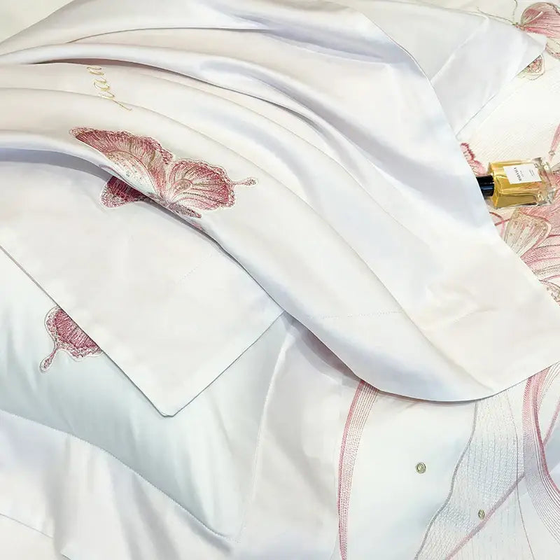 Decorbites butterfly embroidery white & pink bedding set bedroom luxury