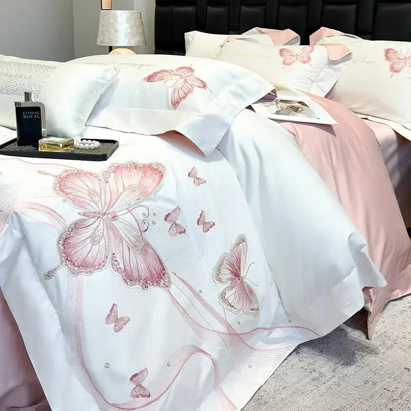 Decorbites butterfly embroidery white & pink bedding set bedroom luxury