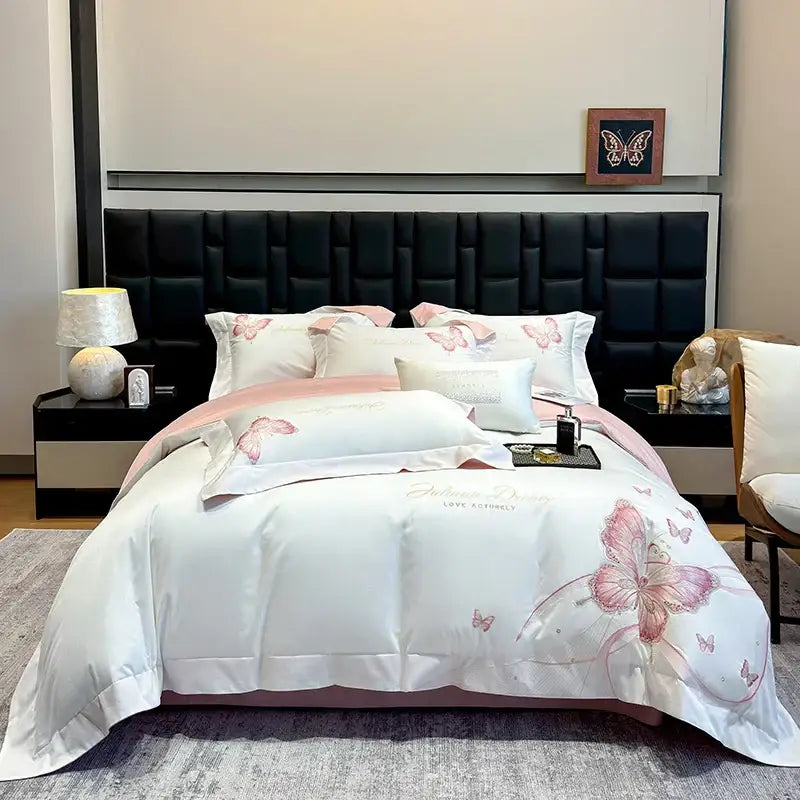 Decorbites butterfly embroidery white & pink bedding set bedroom luxury
