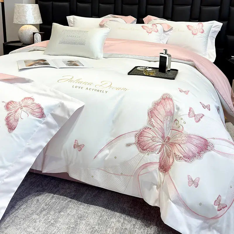 Decorbites butterfly embroidery white & pink bedding set bedroom luxury