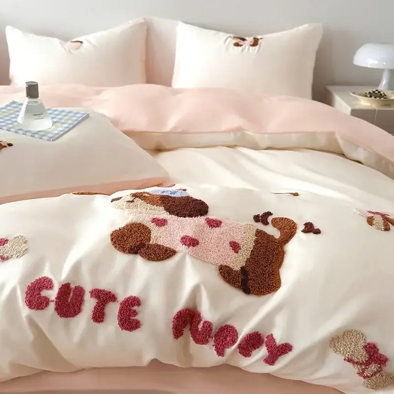 Decorbites cartoon embroidered pink & cream bedding set bedroom cotton
