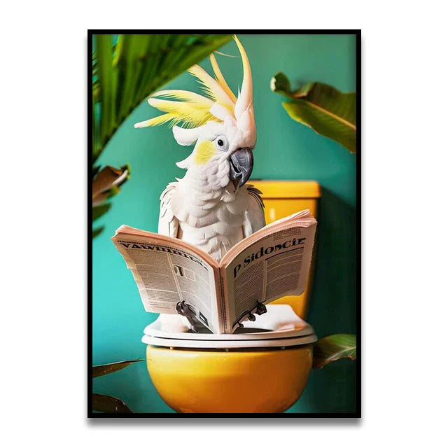 Whimsical black cat reading newspaper toilet canvas wall art bathroom