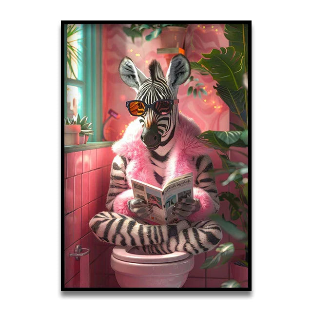 Pink parrot reading newspaper on toilet canvas wall art bathroom decor
