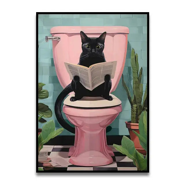 Whimsical black cat reading newspaper toilet canvas wall art bathroom