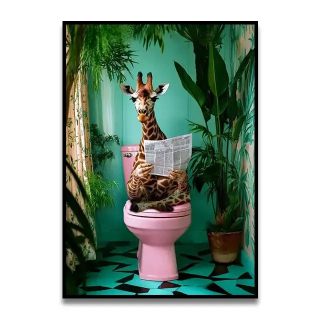 Pink parrot reading newspaper on toilet canvas wall art bathroom decor