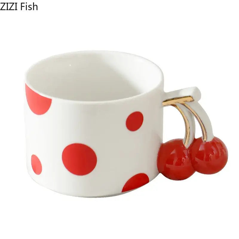 Red polka dot porcelain coffee mug with cherry handle kitchen decor