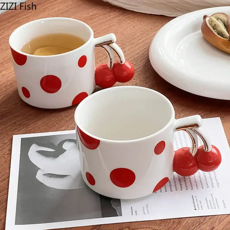 Red polka dot porcelain coffee mug with cherry handle kitchen decor