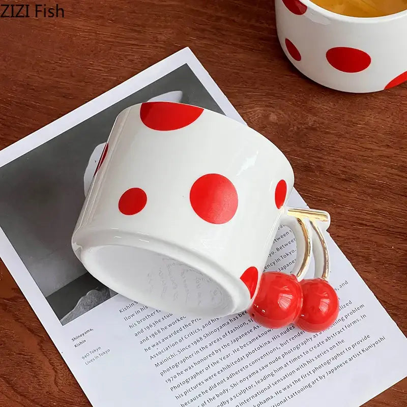 Red polka dot porcelain coffee mug with cherry handle kitchen decor