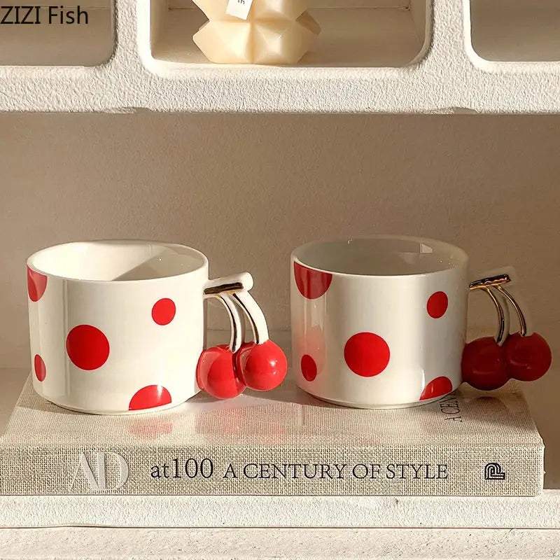 Red polka dot porcelain coffee mug with cherry handle kitchen decor
