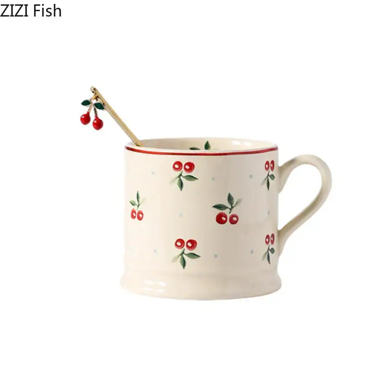Cream cherry porcelain coffee mug with gold spoon – dining room tableware