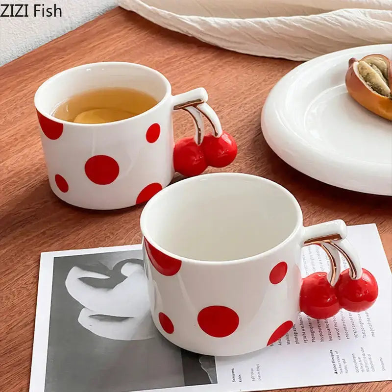 Decorbites cherry porcelain red polka dot mug kitchen teacup