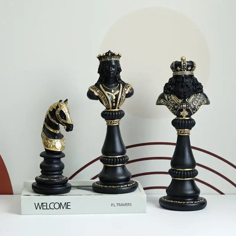 Regal black & gold resin chess figurines living room decor