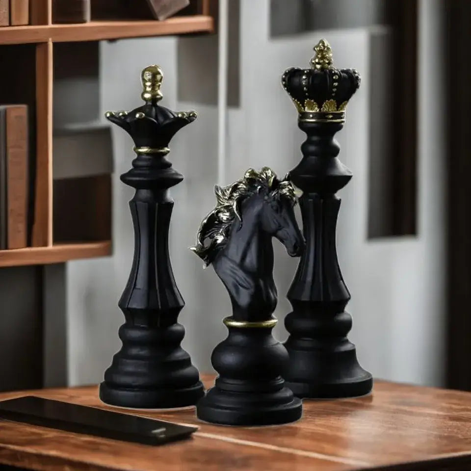 Black and gold chess pieces figurines living room decor