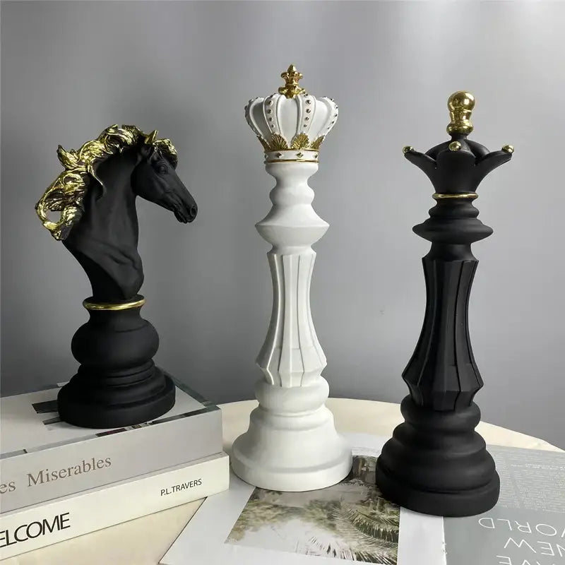 Black and gold chess pieces figurines living room decor