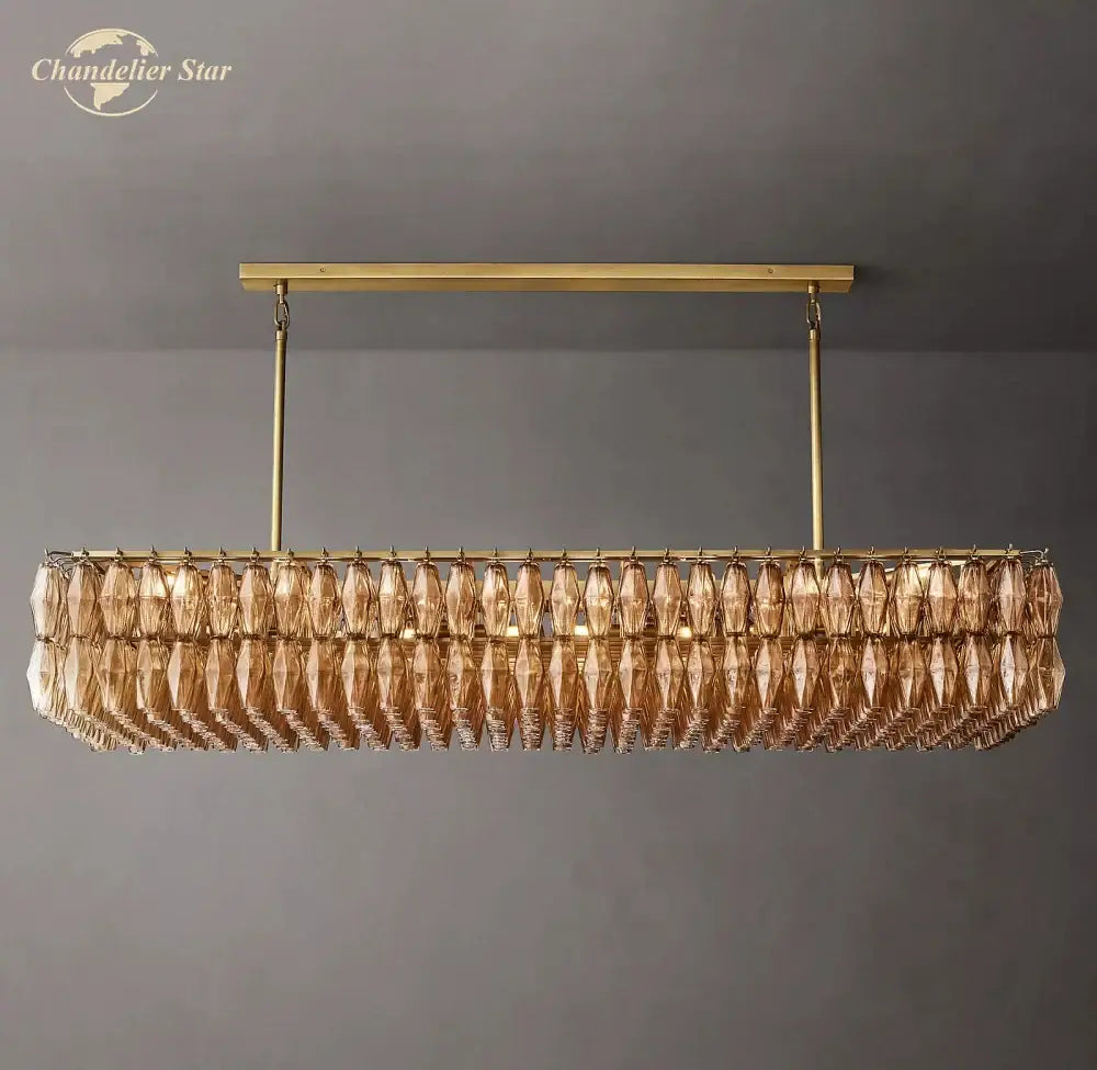 Amber glass and gold linear chandelier dining room light
