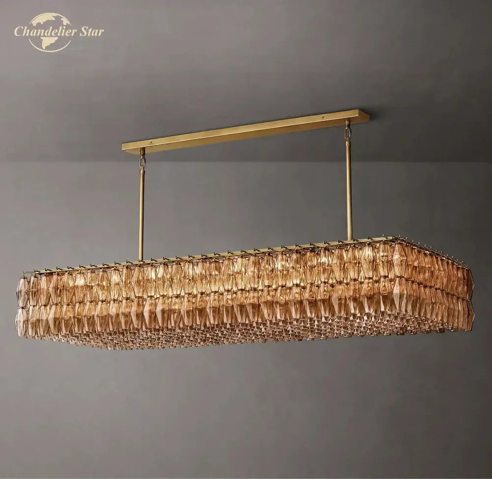 Amber glass and gold linear chandelier dining room light