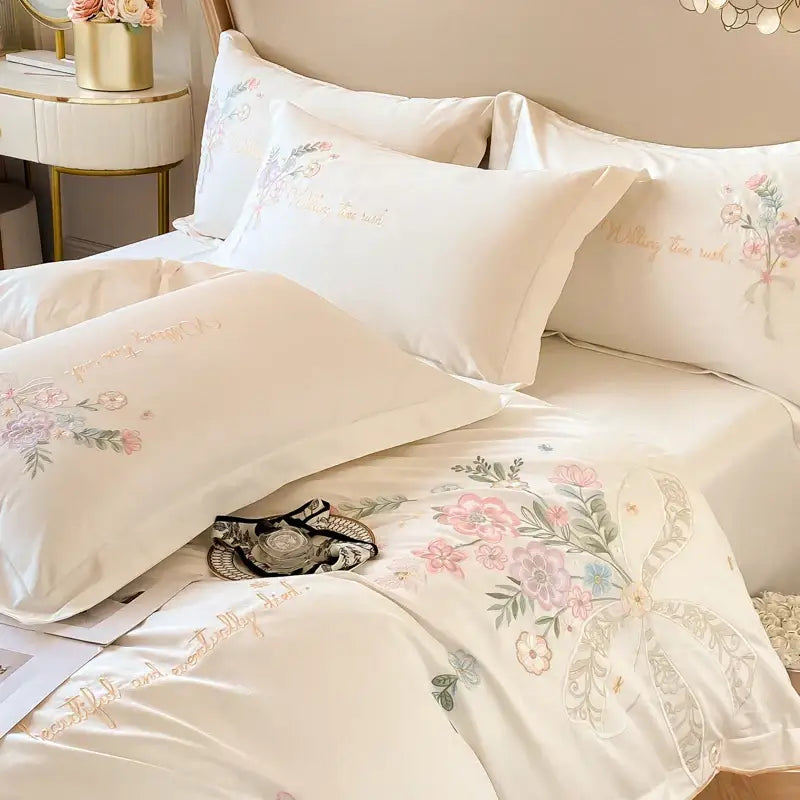 Chic flowers embroidery bedding set cream cotton bedroom duvet cover