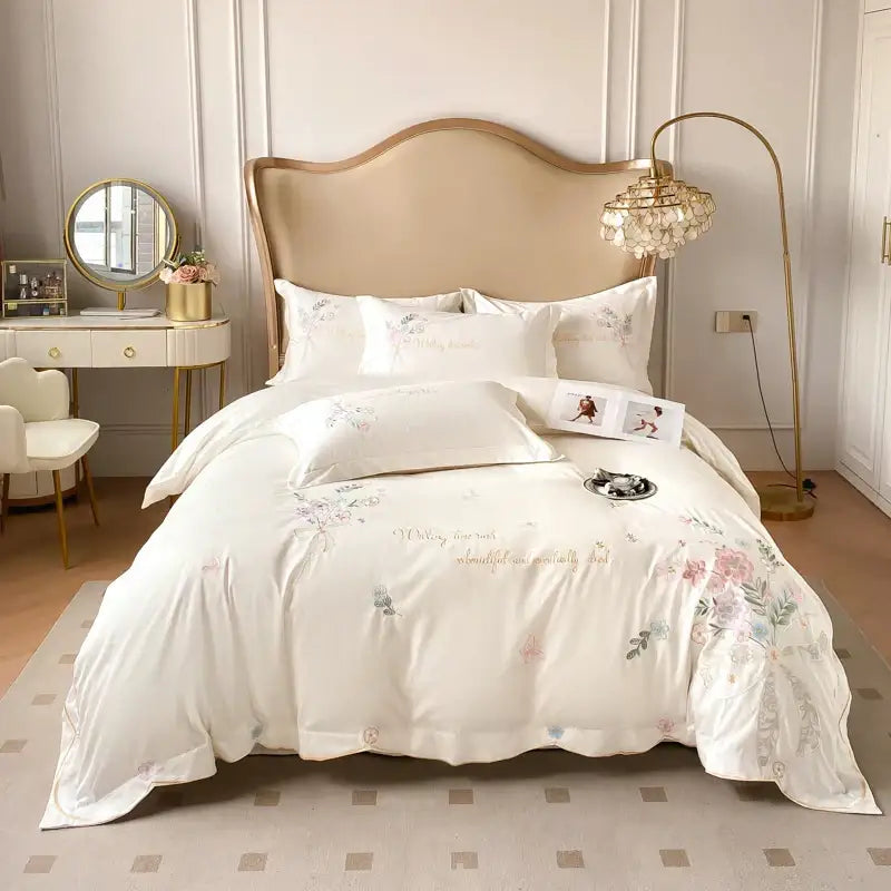 Chic flowers embroidery bedding set cream cotton bedroom duvet cover