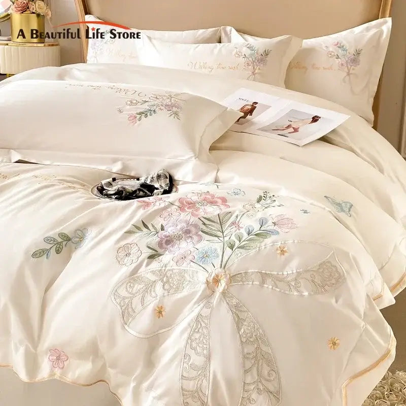 Chic flowers embroidery bedding set cream cotton bedroom duvet cover
