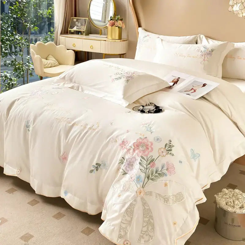 Chic flowers embroidery bedding set cream cotton bedroom duvet cover